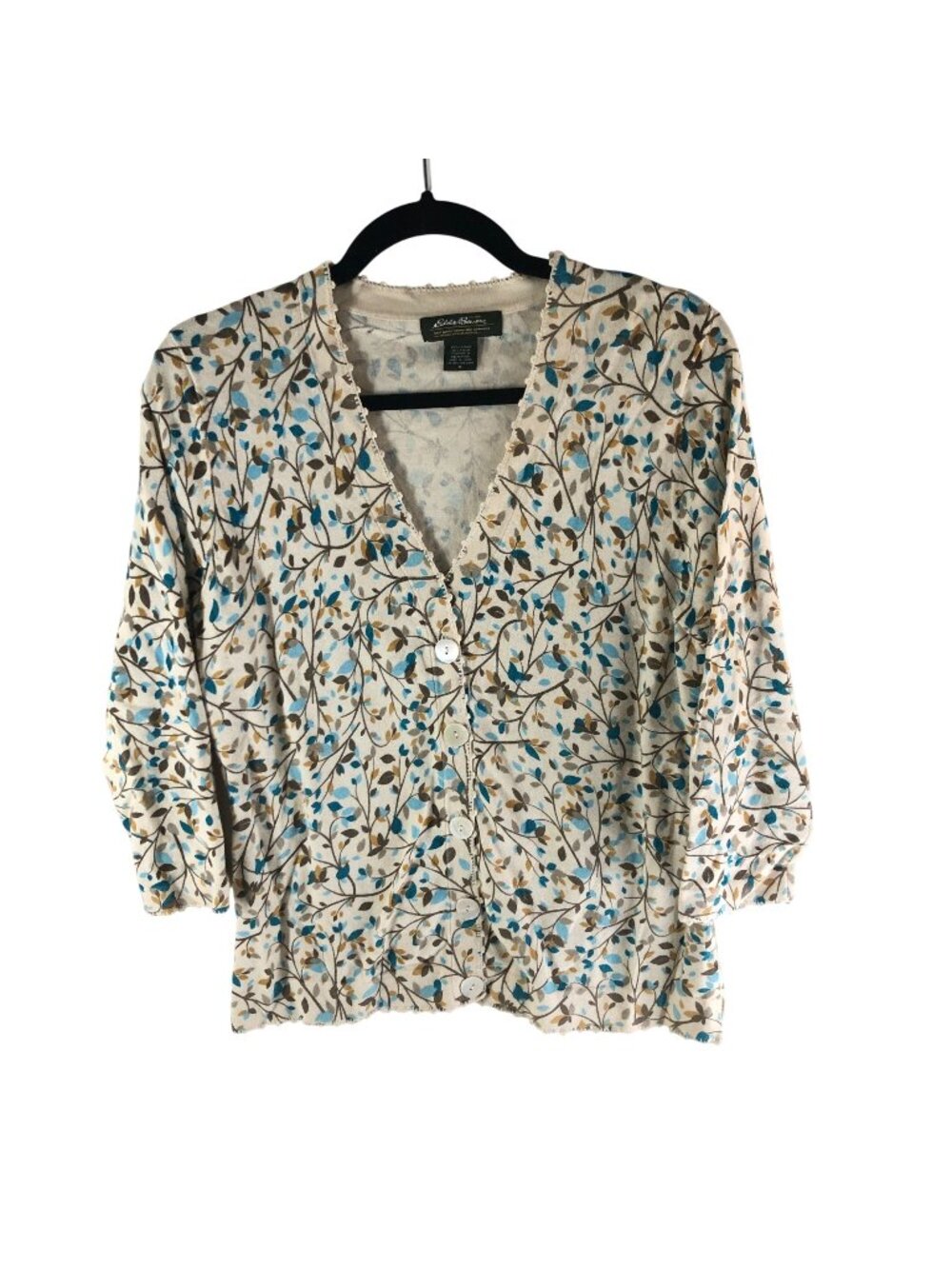 Eddie Bauer Floral Button-Down Cardigan Sweater Womens M Beige Blue Cotton Blend
